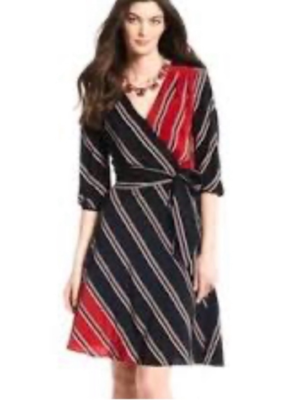 White House Black Market 100% Silk Mixed Striped Wrap Dress in Black & Red